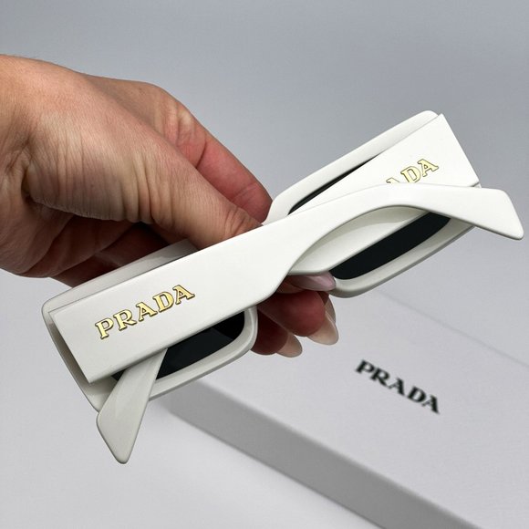 Prada PR A07S 1425S0 Sunglasses Talc White Dark Grey Rectangle Unisex - Picture 4 of 10